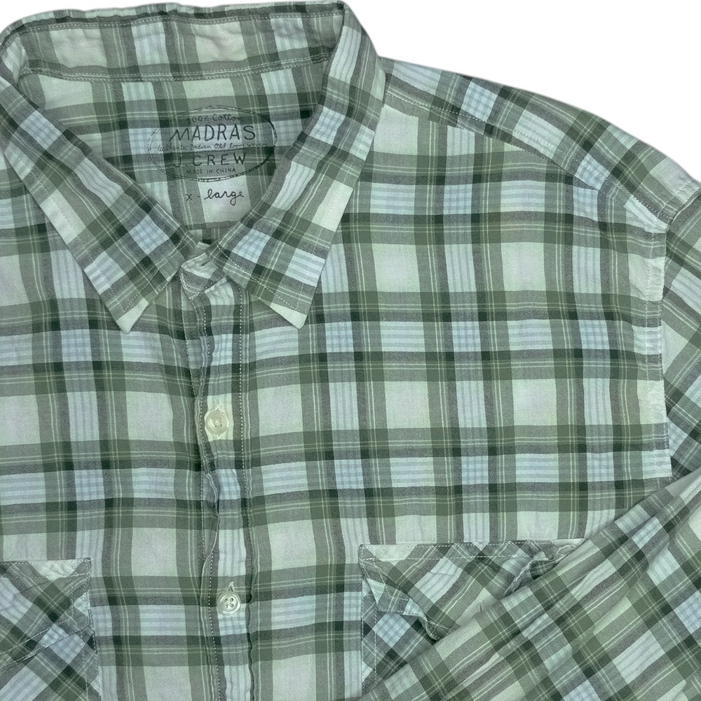 J Crew Indian Madras Men's XL Green Plaid Long Sleeve Button Down Casual Shirt